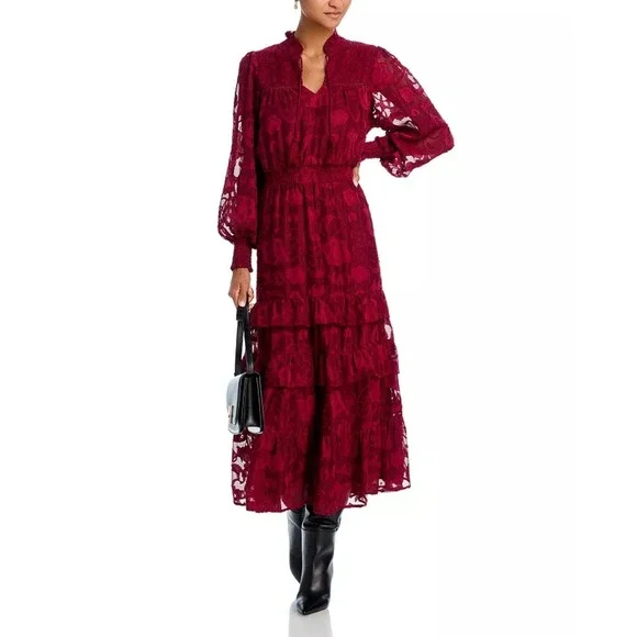 AQUA | Yvonne Jacquard Lace Tiered A-Line Dress in Wine | Small - Picture 1 of 4
